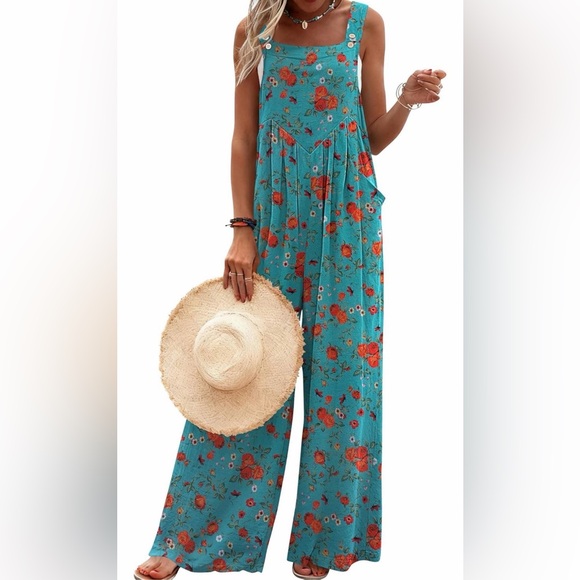 None Pants - 🆕Wide Leg Jumpsuits Summer Boho Floral Printed Baggy Rompers with Pockets